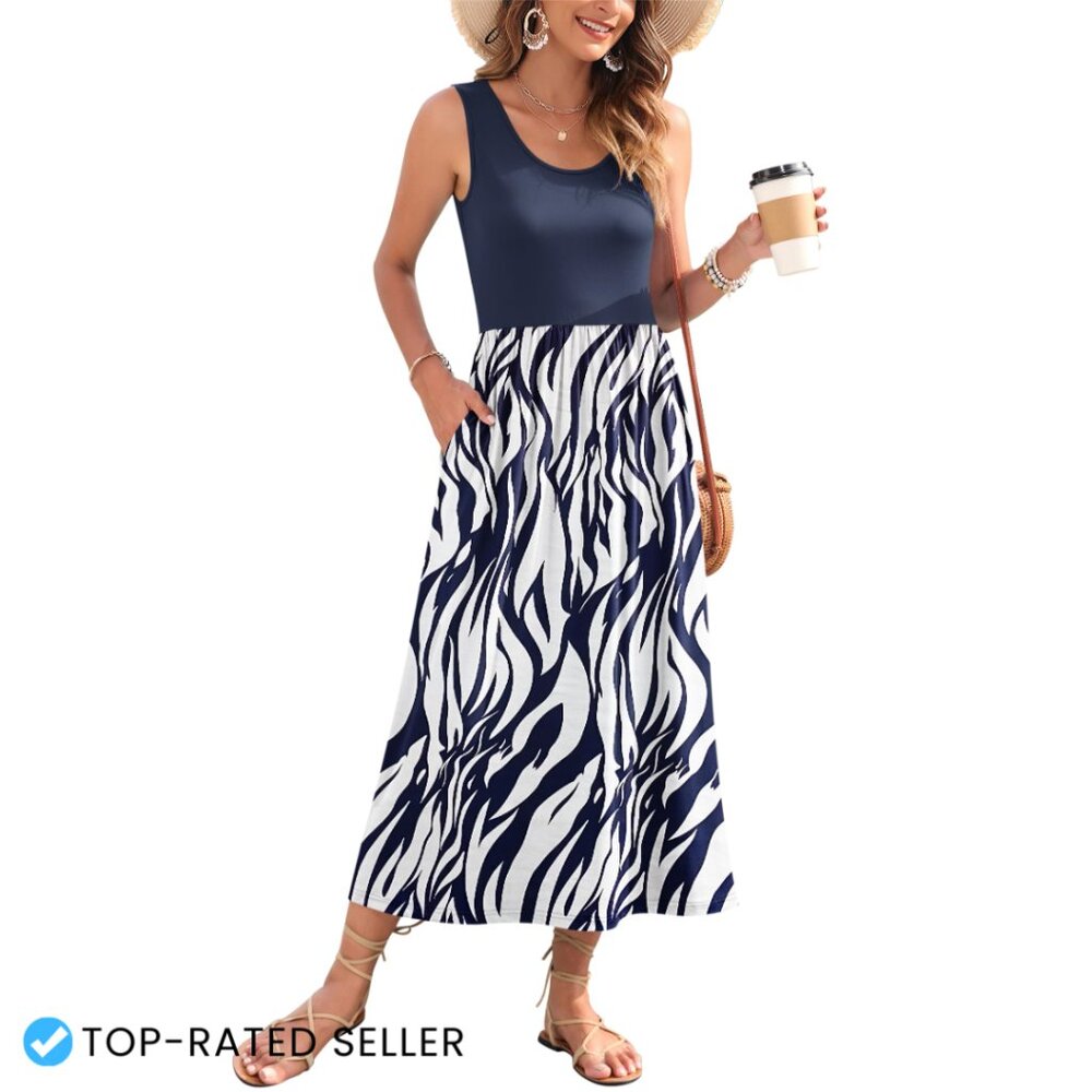 Sleeveless Maxi Dress Flowy A-Line Tropical Print Beach Vacation Chic